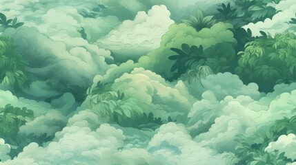  a painting of green trees and clouds in the sky with a blue sky and white clouds in the foreground.  generative ai
