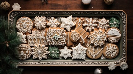  a platter filled with lots of different kinds of cookies on top of a table next to a christmas tree.  generative ai