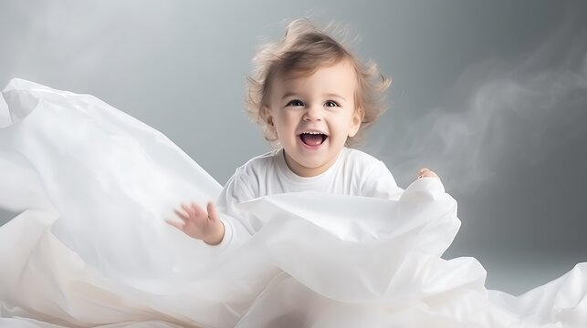 Playful hyperactive cute white toddler misbehaving and making a huge, throwing around things. Studio light
