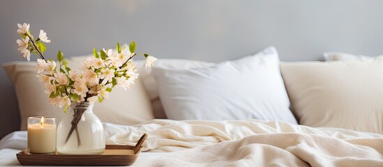 Cozy bed and narcissus flowers on bedside table in light bedroom