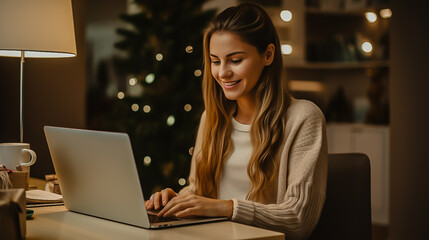 beautiful woman smiles, looks at her laptop, sits at home making online purchases gifts for the New...