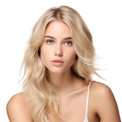 Fototapeta premium Portrait of young happy woman looks in camera. Skin care beauty, skincare cosmetics, dental concept isolated over white background, photo