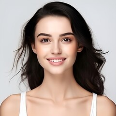 Naklejka premium Portrait of young happy woman looks in camera. Skin care beauty, skincare cosmetics, dental concept isolated over white background, photo