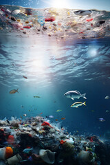 Environmental problem of plastic rubbish pollution in ocean. Polluted seabed