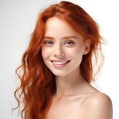 Fototapeta premium Portrait of young happy woman looks in camera. Skin care beauty, skincare cosmetics, dental concept isolated over white background, photo