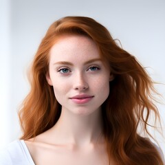 Naklejka premium Portrait of young happy woman looks in camera. Skin care beauty, skincare cosmetics, dental concept isolated over white background, photo