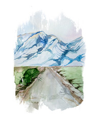 Watercolor road  illustration. Landscape with mountains background. Hand painted travel concept banner. Road trip card design.