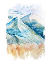 Watercolor hand painted mountains clipart isolated on a white background. Travel concept. Nature portrait.