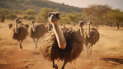 flock of ostriches running on savanna filed in summer