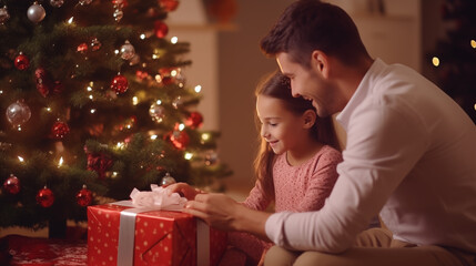father open gift box with daugther in living room on christmas day