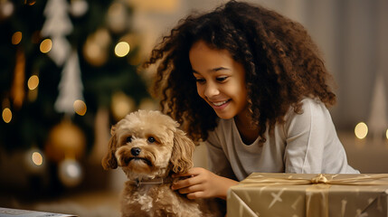 little African-American girl with a dog looks at Christmas gifts - Powered by Adobe
