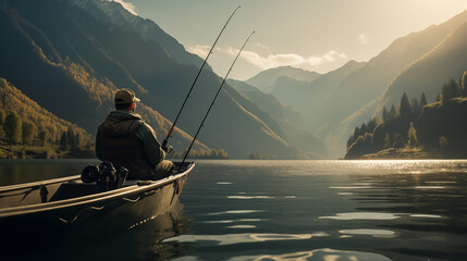 Man fishing on the lake with boat on summer in switzerland
