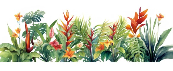Fototapeta premium Watercolor illustration of tropical Hawaiian plants and flowers on white background. generative AI