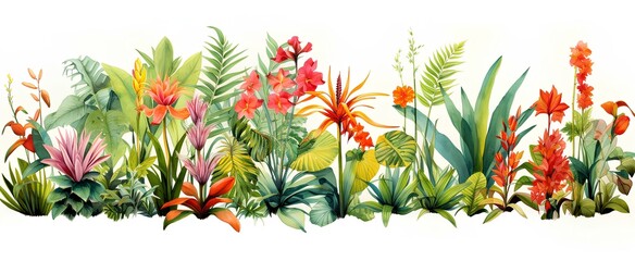 Watercolor illustration of tropical Hawaiian plants and flowers on white background. generative AI