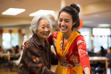 A portrayal of enduring family ties as an aged Asian grandmother and her granddaughter share a moment, Generative Ai - obrazy, fototapety, plakaty