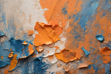 Closeup of abstract rough colorful orange blue art painting texture, with oil brushstroke, pallet knife paint on canvas, complementary colors