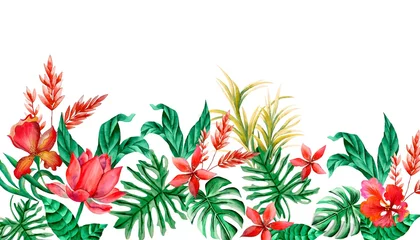 Schilderijen op glas Watercolor flowers and foliage , tropical red elements, green leafs, white background © Leticia Back