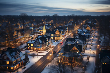 Obraz premium american town street with decorated houses for christmas ,ariel view