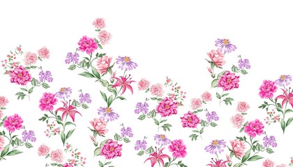 Watercolor flowers lines, pink nad purple tropical elements, green leaves, white background