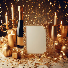 Blank greeting card with golden frame and candles, celebrating a special event