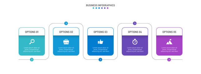Timeline infographic with infochart. Modern presentation template with 5 spets for business process. Website template on white background for concept modern design. Horizontal layout.