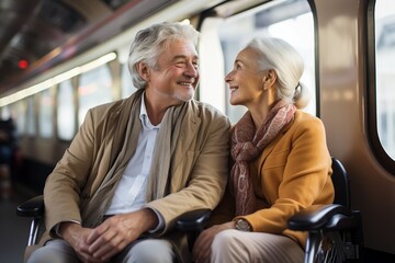 Fototapeta na wymiar A loving connection captured in a moment as an elderly couple gazes at each other with affection on the train, Generative Ai