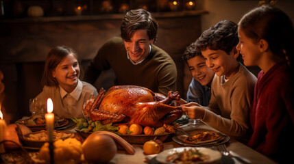 family father and child eat turkey roast in thansgiving and christmas day - obrazy, fototapety, plakaty