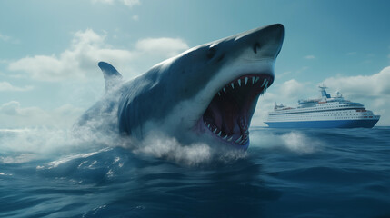 Megalodon shark upstream to breath in the sea near 
cruise ship - obrazy, fototapety, plakaty