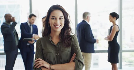 Business woman, arms crossed and team for smile on face for leadership, management or pride at corporate law firm. Attorney, lawyer or advocate by group, people or happy for portrait in modern office