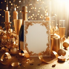 Christmas card with candle, golden decoration and beautiful setup
