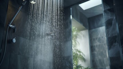 Streaming Water: Shower Spills in Bathroom Interior. Generative ai - obrazy, fototapety, plakaty
