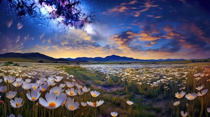  a field filled with lots of white flowers under a sky filled with stars and a purple and blue star filled sky.  generative ai