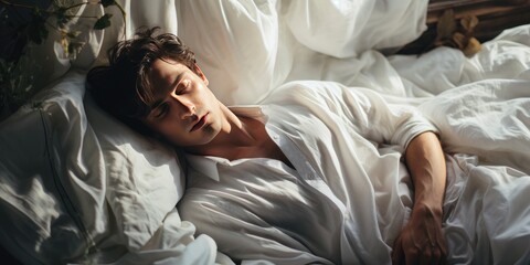 Fototapeta na wymiar A handsome man in white clothes sleeps on a white bed. Generative AI