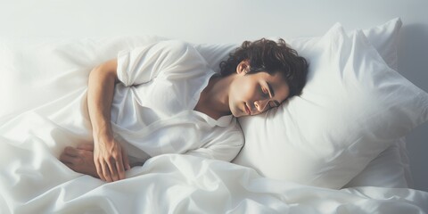 Asian man in white clothes lies on a white bed and sleeps happily. Generative AI