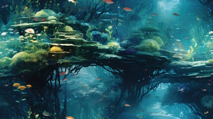  a painting of an underwater scene with a bridge in the middle of the water and lots of fish swimming around.  generative ai
