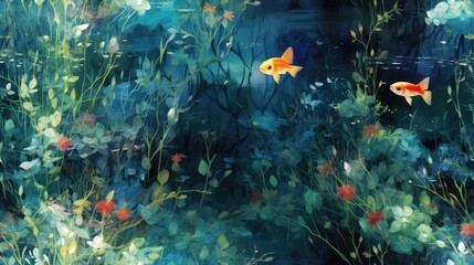 Obraz na płótnie Canvas a painting of two goldfish swimming in a pond of water surrounded by plants and flowers, with blue sky in the background. generative ai