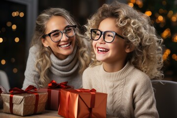Fototapeta na wymiar Smiling grandmother making surprise to cute little granddaughter giving gift box, excited small girl get Christmas present from granny, happy older and younger generation celebrate at home together