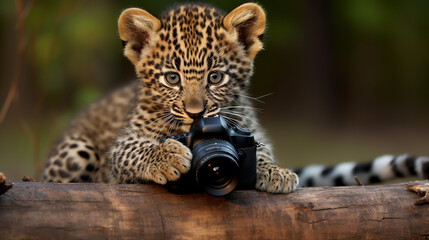 filhote de leopardo fotografo  - obrazy, fototapety, plakaty