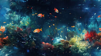 Fototapeta na wymiar a painting of an underwater scene with corals, fish, and other marine life on a dark blue background. generative ai