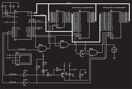 Schematic diagram of electronic device.
Vector drawing electrical circuit with microcontroller, voltmeter,
ram and eprom chips, logic elements, resistor, capacitor
and other electronic components.