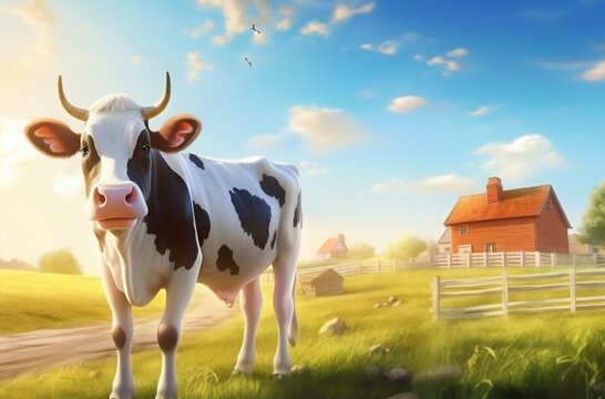 Sunny Pasture: Cow Grazing on Lush Green Field. Generative ai