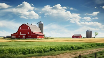 Obraz premium Minnesota Farmland: Lush Green Fields Under a Cloudy Blue Sky. Generative ai
