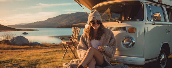 Happy woman drinking coffee in nature near her caravan. Woman at adveture. Panoramatic view at sunset from campervan. - obrazy, fototapety, plakaty
