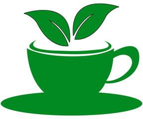 Icono de taza de te con hojas en fondo transparente