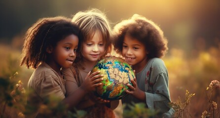 Fototapeta na wymiar Unity for Peace: African Children Holding Earth in Harmony. Generative ai