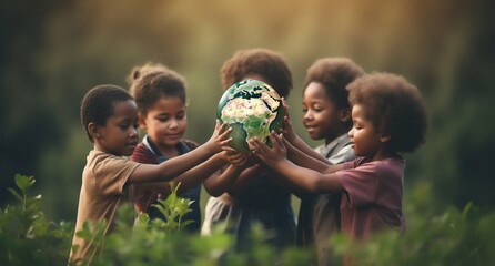 Unity for Peace: African Children Holding Earth in Harmony. Generative ai - obrazy, fototapety, plakaty