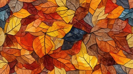  a close up of a multicolored painting of a bunch of leaves on a white background with a red, yellow, blue, green, and orange color scheme.  generative ai