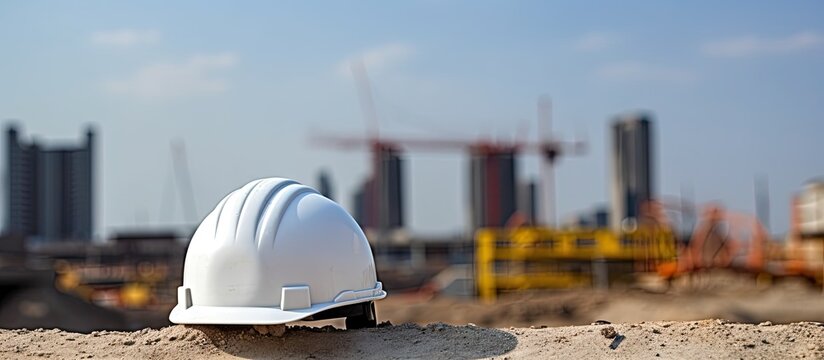 Construction site with a crane featuring a white safety helmet