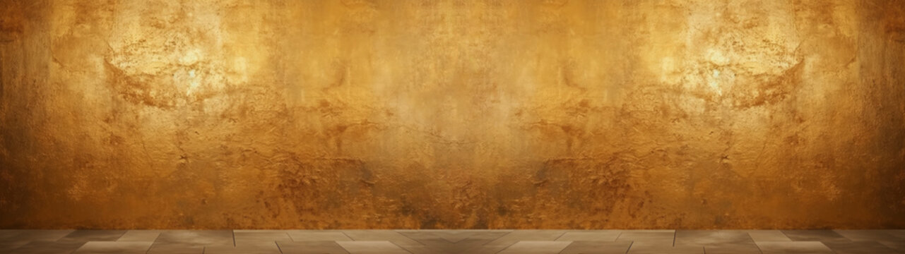 Golden wall with rough surface and floor in the front, with little lighting effect, luxury background banner 