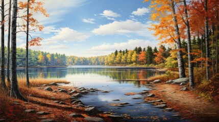  a painting of a river running through a forest with lots of trees in the foreground and a blue sky with clouds in the background.  generative ai